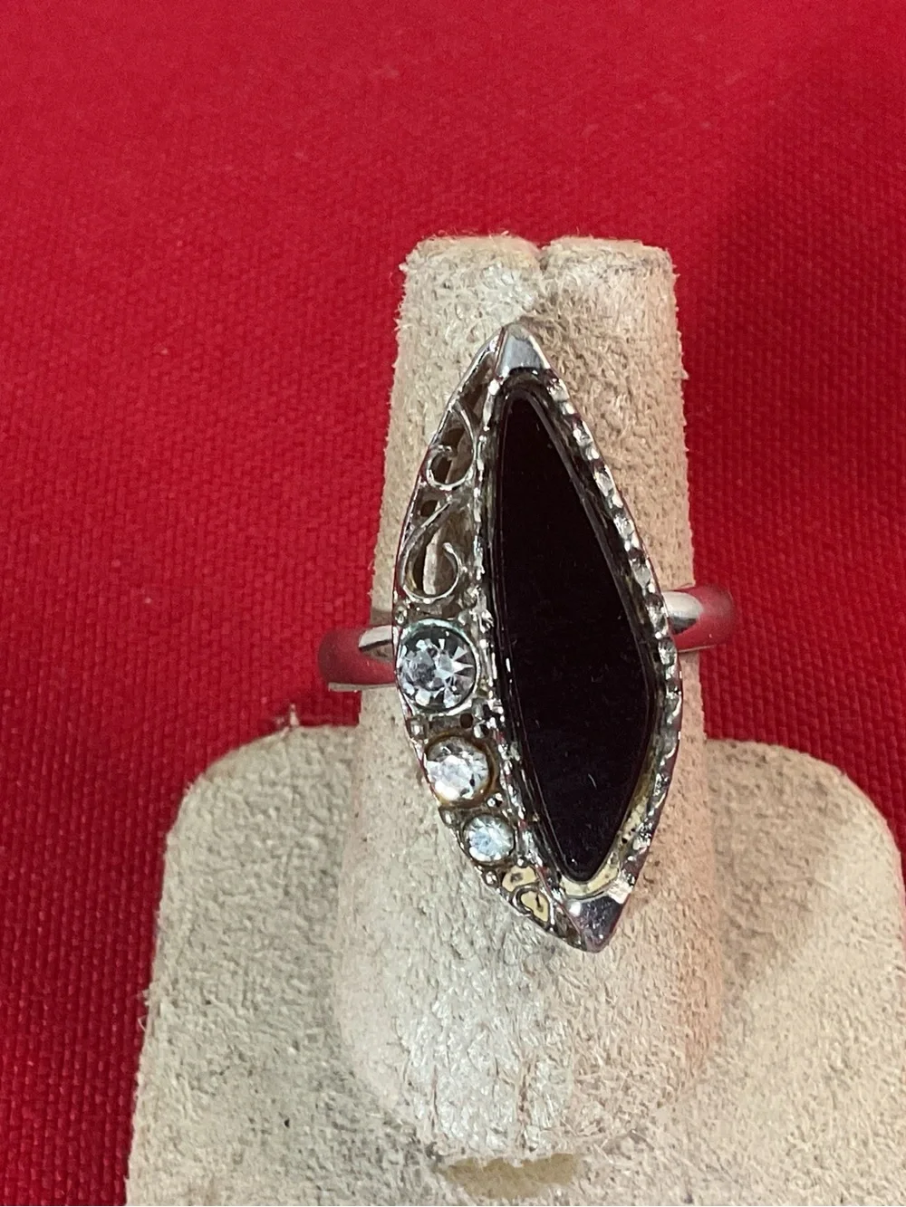 Vintage Emmons Black Marquise Cabochon Rhinestone Adjustable Ring Silver Tone Co